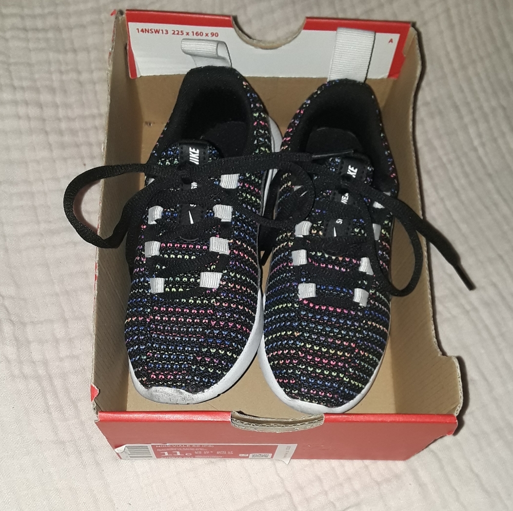 Nike Viale SE (PS) 11c kids black sneakers with neon rainbow pattern threads